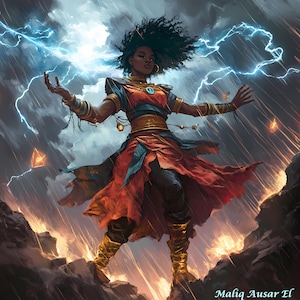Puede incluir: Arte digital de una mujer de piel oscura y cabello rizado, vestida con un atuendo rojo y azul, de pie sobre rocas. Rayos en el cielo tormentoso detrás de ella. La imagen está firmada "Maliq Ausar El".