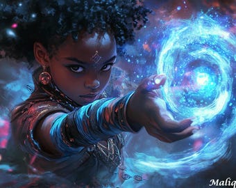 Digitaler Download | Sofortiger Kunstdruck | Kind der leuchtenden Spirale – Afro-Aztekische Schamanen-Fantasy-Kunst