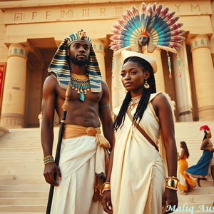May include: A couple in traditional Egyptian dress pose on steps before a temple. The man wears a headdress, jewellery, and a white skirt. The woman wears a white dress, jewellery, and a feathered headdress. Other figures in colourful costumes are in the background.