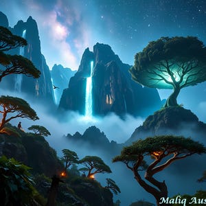 May include: A digital art landscape featuring waterfalls cascading down towering mountains. Lush green trees dot the hillsides, illuminated by lanterns. The sky transitions from a deep blue to a starry night, with the artist's name at the bottom.