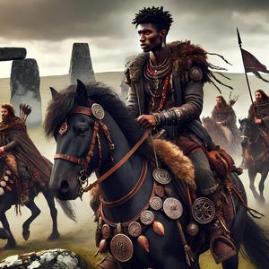 May include: An artistic depiction of a group of riders on horseback, set against a backdrop of ancient stone structures. The riders are clad in historical attire, with one leading on a black horse. The scene evokes a sense of history and adventure.