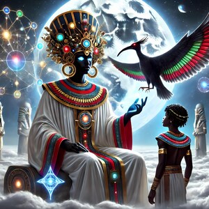 Puede incluir: Representación artística de una escena del antiguo Egipto. Una figura con tocado y túnicas ornamentadas está sentada en un trono, con un pájaro en vuelo. Estatuas y elementos celestiales llenan el fondo, con una persona joven mirando.