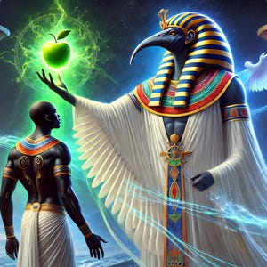 以下が含まれることがあります： デジタルアート作品。鳥の頭を持つエジプトの神が、金と白のローブを着て、輝く緑色のリンゴを持っています。伝統的な衣装を着た男性が近くに立っています。シーンは象形文字の柱がある古代寺院に設定されています。