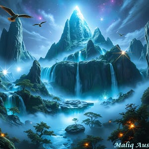 May include: A digital painting of a fantasy landscape featuring majestic mountains, waterfalls, and lush greenery. The scene is bathed in a soft, ethereal glow with birds soaring in the sky. The artwork has a mystical and serene atmosphere.