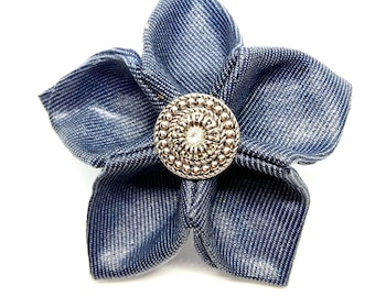 Unique Blue Denim Kanzashi Fabric Flower HairClip | Limited Edition Accessories | Hair Ornaments