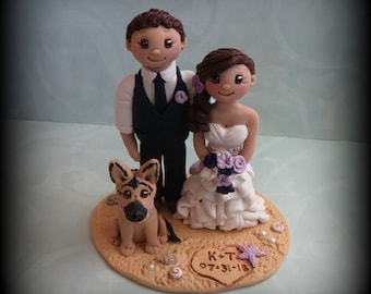 Wedding Cake Topper, Custom, Personalized, Beach Theme, Bride and Groom with Pet, Topper, Polymer Clay, Wedding or Anniversary Keepsake