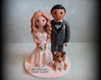 Wedding Cake Topper, Custom Wedding Topper, Bride and Groom, One Pet, Anniversary, Personalized, Polymer Clay, Keepsake