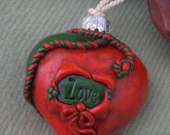 Christmas Ornament, Polymer Clay, Red and Green Rope, Love Ornament