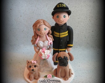 Wedding Cake Topper, Fireman and Nurse, Firefighter, Polymer Clay, Customized, Personalized, Two Pets, Wedding/Anniversary Keepsake