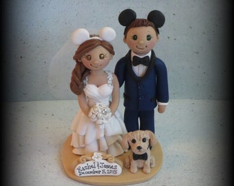Wedding Cake Topper, Custom Cake Topper, Bride and Groom, Dog, Mickey Mouse Ears, Polymer Clay, Wedding/Anniversary Keepsake