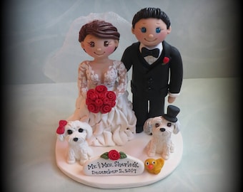 Wedding Cake Topper, Custom, Personalized Polymer Clay Bride and Groom with two Pets and Date Plaque, Wedding/Anniversary Keepsake