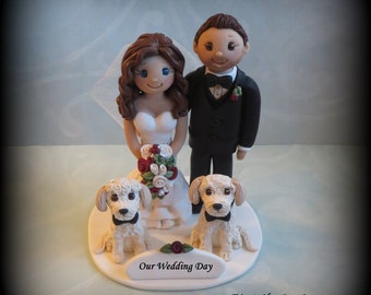 Wedding Cake Topper, Custom, Personalized Polymer Clay Bride and Groom, Two Pets, Date Plaque, Wedding/Anniversary Keepsake