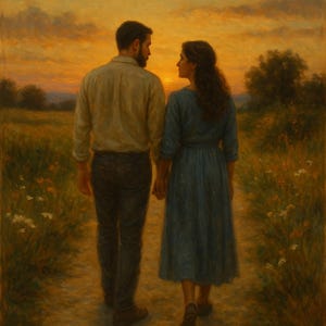 Può includere: Una coppia cammina mano nella mano lungo un sentiero in un campo, guardandosi. Il cielo è di un arancione e giallo caldo, il che suggerisce il tramonto. L'uomo indossa una camicia bianca e jeans blu, mentre la donna indossa un vestito blu.