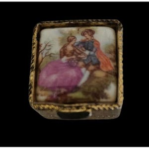 Antique Brass Hinged Trinket Box with Romantic Scene Porcelain Lid 1&quot; Square ***READ DESCRIPTION