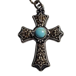Vintage Sterling Silver and Gold Tone Cross 23&quot; Necklace with Turquoise Stone Intricate Design Religious Christian