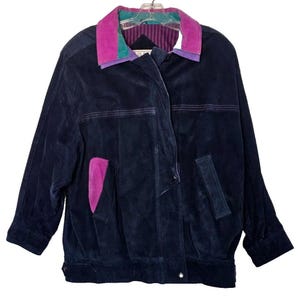vintage Avanti bleu en cuir véritable taille veste manteau doublé super-doux col contrastant