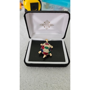 Vintage Red and Green Enamel Rhinestone Turtle Brooch, Tortoise, Sea Turtle, Gold-tone, 2&quot; x 1&quot;, Crystal, Gift for Her