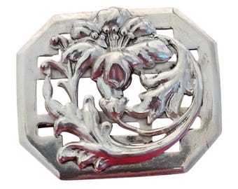 Vintage Sterling Silver Floral Brooch Pin Octagonal Design 1 Inch Flowers  Valentines Day Gift Mothers Day