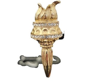 Vintage Gold Tone Brooch Pin, Torch, Clear Crystals, Rhinestones Embellishments, 2" x .75",