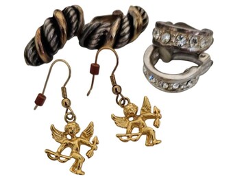 Vintage Gold -tone and Silver-Tone Cupid Dangle Earrings and Crystal Clip-On Earrings Set of 2 Pair Wholesale Gifts