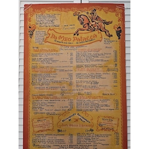 Impresión de menú italiano vintage Da Meo Patacca firmada por Romolo Toncelli Tamaño del póster 17" x 45" (aprox.)