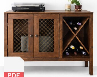 Record Cabinet with Wine Rack PDF Plan | Vinyl Storage Cabinet | DIY Wood Bar Furniture Woodworking Plans