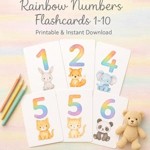 Flashcards de números do arco-íris de 1 a 10 para impressão | Cartões educativos fofos em aquarela para crianças | Números de animais em tons pastel | Educacional para crianças pequenas
