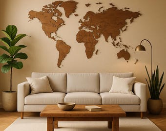 May include: A large wooden world map wall art piece mounted above a beige three-cushion sofa. The map features detailed continental outlines in a dark brown wood finish. A rectangular wooden coffee table sits in front of the sofa.