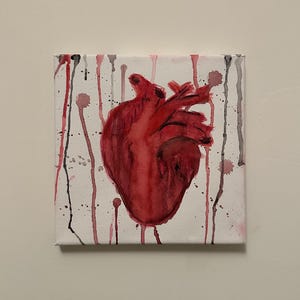 Peinture anatomique coeur, gouache originale sur toile, 20 x 20 cm « émotion brute »