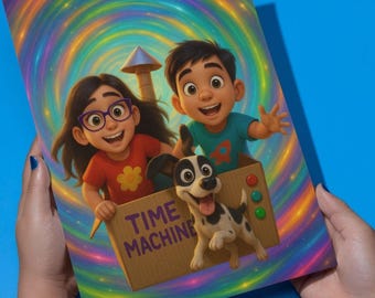 May include: A colorful illustration of two children and a dog in a cardboard box labeled "TIME MACHINE". The background features a swirling rainbow pattern. The children are smiling and waving, and the dog is sticking out its tongue.