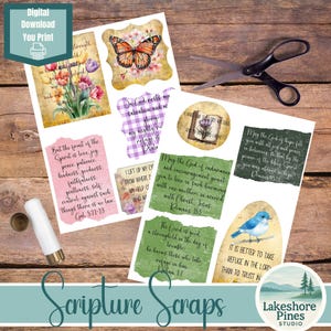 Peut inclure: Collection de téléchargements numériques de scrapbooking de textes bibliques avec des motifs floraux et de papillons. Comprend des citations inspirantes et des versets bibliques. Comprend un logo bleu et blanc qui dit "Lakeshore Pines Studio".