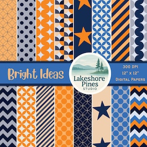 Bright Ideas digitaal papier, geometrische patronen| Oranje en blauw 12 x 12" patronen | Chevron, stippen, sterren | Plakboek downloaden | 300 dpi