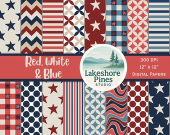 Red White & Blue Digital Paper | Patriotic 4th of July Scrapbook Paper | Stars and Stripes | USA Theme | 12x12” Instant Download