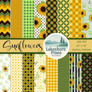Sunflower Digital Paper Pack, 12x12 Scrapbook Backgrounds, Instant Download, Card Making, Fall Craft Supplies, Yellow Green Floral Design