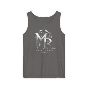 May include: A charcoal grey sleeveless tank top featuring a metallic silver graphic of the letters MR with rain droplets falling from a cloud above. The text MAKE IT RAIN is printed in white capital letters below the graphic with a horizontal line.