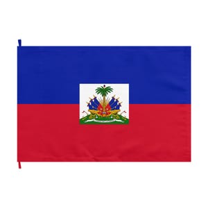 Może przedstawiać: Prostokątna flaga Haiti, podzielona poziomo na niebieski i czerwony. Herb Haiti jest wyśrodkowany na białym kwadracie. Flaga ma niebieską górę i czerwoną dolną część.
