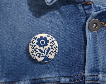 Blue 8Bit Flower Pin Button | Floral Badge, Pixel Style