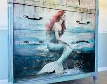 Coastal Hand Painted 5 Drawer Decoupage Mermaid Wood Dresser