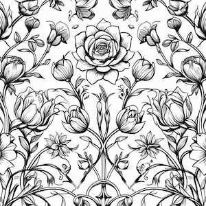Könnte beinhalten: Schwarz-weißes Blumenmuster mit Rosen, Gänseblümchen und anderen Blumen. Die detaillierte Linienzeichnung erzeugt ein symmetrisches Design mit einer Vielzahl von Blüten und Knospen, ideal für Stoff oder Tapeten.
