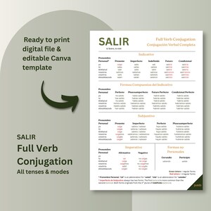Spanish Verb Conjugation Chart - &quot;SALIR&quot; | Educational Printable Poster | Spanish Grammar Canva Template | Study Aid for Students & Teachers