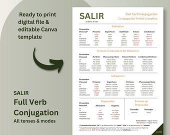 Tabla de conjugación del verbo español 'SALIR': Ayuda de estudio imprimible (Plantilla de Canva)