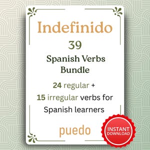 May include: A white card with the title "Indefinido" in a gold font, advertising a Spanish verbs bundle. The card includes the text "39 Spanish Verbs Bundle" with 24 regular and 15 irregular verbs for Spanish learners. A red "Instant Download" badge is in the bottom right.