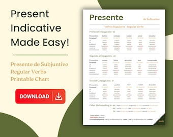 Tabla de conjugación de verbos en español: Presente de Indicativo (PDF imprimible)