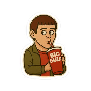 Puede incluir: Una pegatina con una ilustración de dibujos animados de una persona bebiendo de un gran vaso rojo con la inscripción "BIG GULP". La persona tiene el pelo castaño, lleva una camiseta roja y una chaqueta verde. El estilo es retro.