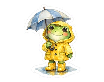 Frog in Yellow Raincoat Sticker Kiss-Cut Vinyl Decal | Waterproof Cute Frog with Umbrella