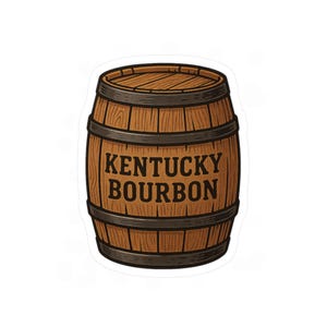 May include: A sticker depicting a brown wooden barrel with black metal bands. The text "KENTUCKY BOURBON" is printed on the front. The barrel design is classic and vintage, evoking the feel of traditional bourbon production.