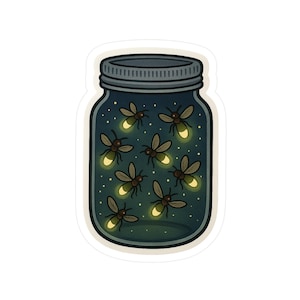 Op de afbeelding: Een sticker met een weckpot vol gloeiende vuurvliegjes. De pot heeft een donkerblauwe deksel en een heldere glazen body. De vuurvliegjes zijn bruin en geel, met hun lichten die het donkere interieur verlichten.