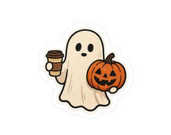 Ghost, ghost sticker, ghost with coffee sticker, ghost with pumpkin sticker, halloween sticker