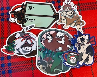 Christmas Cat Stickers — Cute Holiday Cat Sticker Gift for Laptops, Water Bottles, Journals