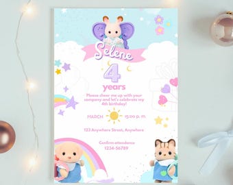 Plantilla de invitación de cumpleaños de Ternurin de Sylvanian rosa (Canva)